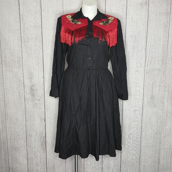 VTG Lilia Smitty Western Fringe Shirt Dress Black Red Beaded Applique, sz Large - Picture 1 of 11